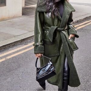 Dark green khaki borg/vinyl contrast midi trench coat